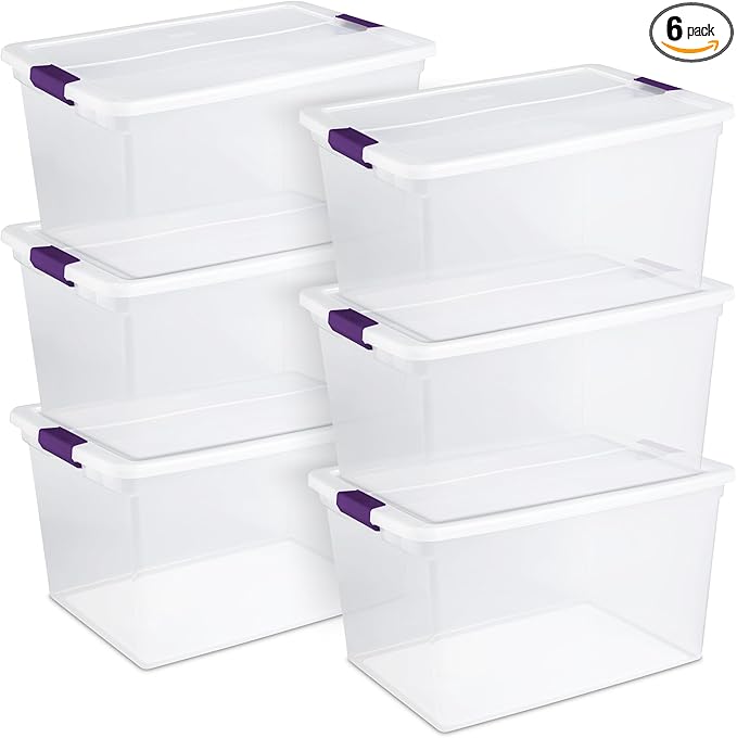 Sterilite 66 Qt ClearView Latch Storage Box, Stackable Bin with Latching Lid, Plastic Container to Organize Clothes in Closet, Clear Base, Lid, 6-Pack
