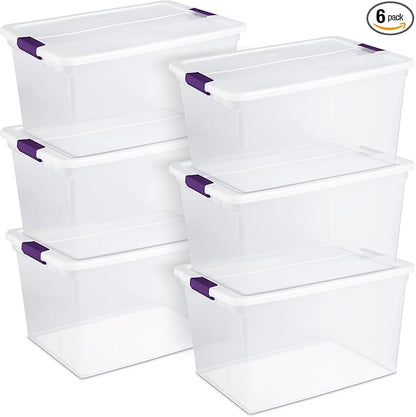 Sterilite 66 Qt ClearView Latch Storage Box, Stackable Bin with Latching Lid, Plastic Container to Organize Clothes in Closet, Clear Base, Lid, 6-Pack