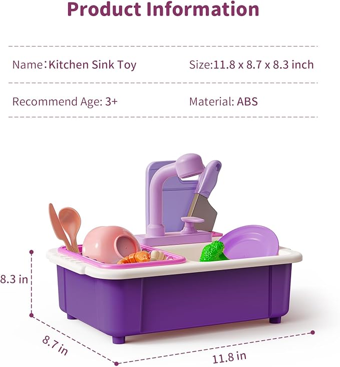 Geyiie Kitchen Sink Toy for Toddlers, Play Sink with Running Water, Upgraded Real Faucet, Dish Rack & Play Cutting Food, Kids Kitchen Sink Toy Gifts for 3 4 5 6 7 Years Old