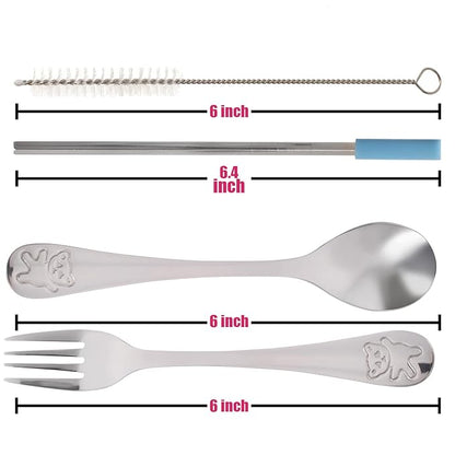 15 Pieces Toddler Kids Utensils Kids Silverware Set Stainless Steel, Safe Baby Utensils 3 Toddler Forks 3 Toddler Spoons 4 Reusable Metal Straws 4 Silicone Tips and Brush, Kid Utensils Flatware