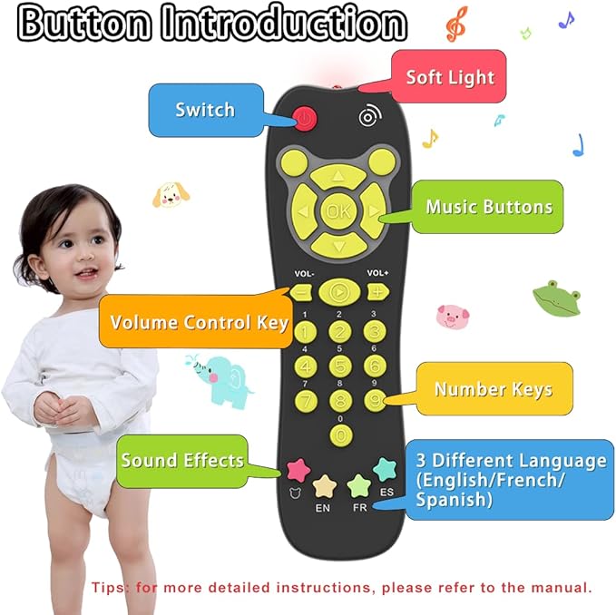 KALUYA Baby TV Remote Toy, Toddlers Remote Control Toy Kids Realistic Play Remote Early Educational Baby Musical Toys with Light and Sound English French Spanish for Infant Boys Girls 6 Month+, Black