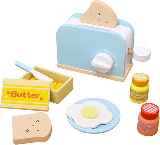Wooden Kitchen Toy, Pop-Up Bread and Butter Toaster Set, Play Bread Maker Kitchen Accessories Birthday Gift for Ages 3 4 5 6 7 Boys Girls, Early Education Kitchen Pretend Games for Kids, 14 Pieces