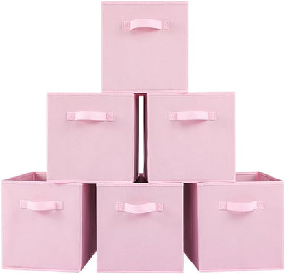 Stero Fabric Storage Bins 6 Pack Fun Colored Durable Storage Cubes with Fabric Handles Foldable Cube Baskets for Home, Kids Room, Closet and Toys Organization Pink