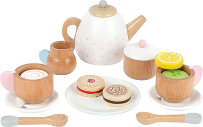 Small Foot Wooden Toys-Premium 17 Piece Toy Tea Playset- Deluxe Play Pretend Food Set Includes Tea Pot, Cookies, Plates and Teacup-Ideal for Toddlers 3+