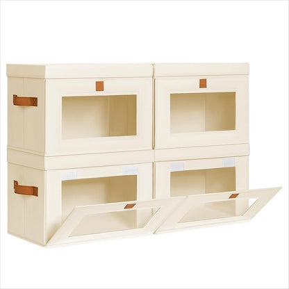 Homsorout Small Fabric Storage bins - Collapsible Storage Bins with Open Window, 4 Pack Closet Baskets for Shelves, Stackable Decorative Boxes for Home, Dorm, Beige, 13.7"x 9.8" x 9.8"