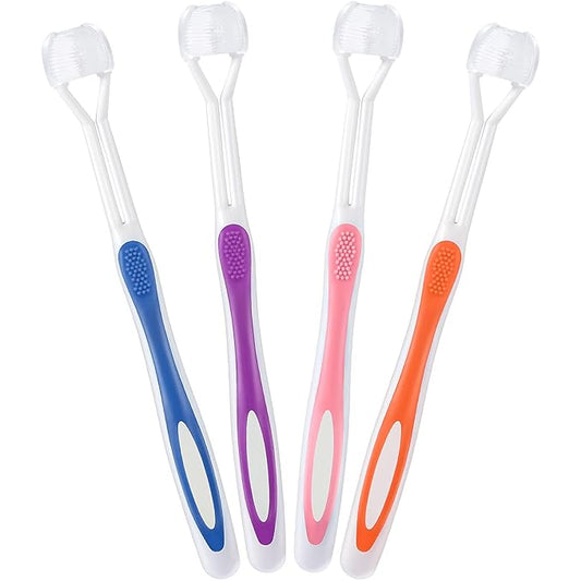 Boao 4 Pieces Three Sided Toothbrush Autism Sensory Toothbrush Bristle Travel Brush for Kids Complete Teeth Gum Care Good Angle Clean Tooth, Soft and Gentle(Pink, Blue, Orange, Purple)