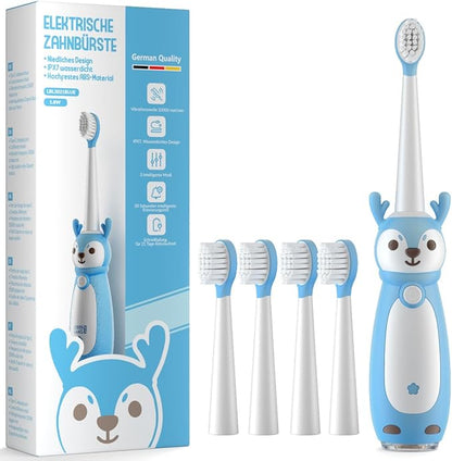 Sonic Rechargeable Kids Electric Toothbrush, 3 Modes with Memory, 35000 Strokes, IPX7 Waterproof,4 Soft Bristles Heads for Boys Girls Ages 3+ 4-7,Blue