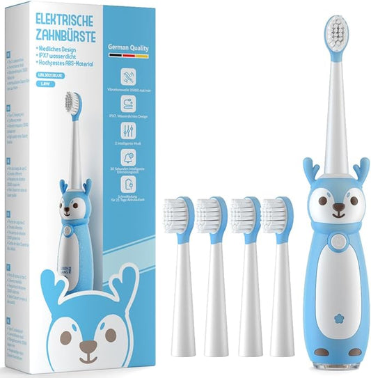 Sonic Rechargeable Kids Electric Toothbrush, 3 Modes with Memory, 35000 Strokes, IPX7 Waterproof,4 Soft Bristles Heads for Boys Girls Ages 3+ 4-7,Blue