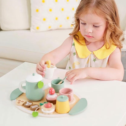 GAGAKU Wooden Tea Set for Kids, Wood Tea Party Set for Little Girls Wooden Coffee Afternoon Tea Toys Play Food forToddler Pretend Play Kitchen Accessories for Kids