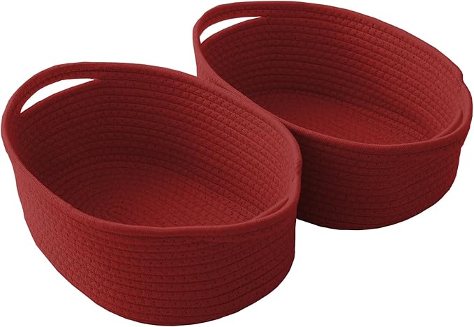 JMvicyroam Woven Basket,Small Rope Storage Bin with Handles & Ribbon Bag, Organizer for Shelves Closets,Gift Basket Empty for Birthday,Books,Dog Toys, Red/2 Pack