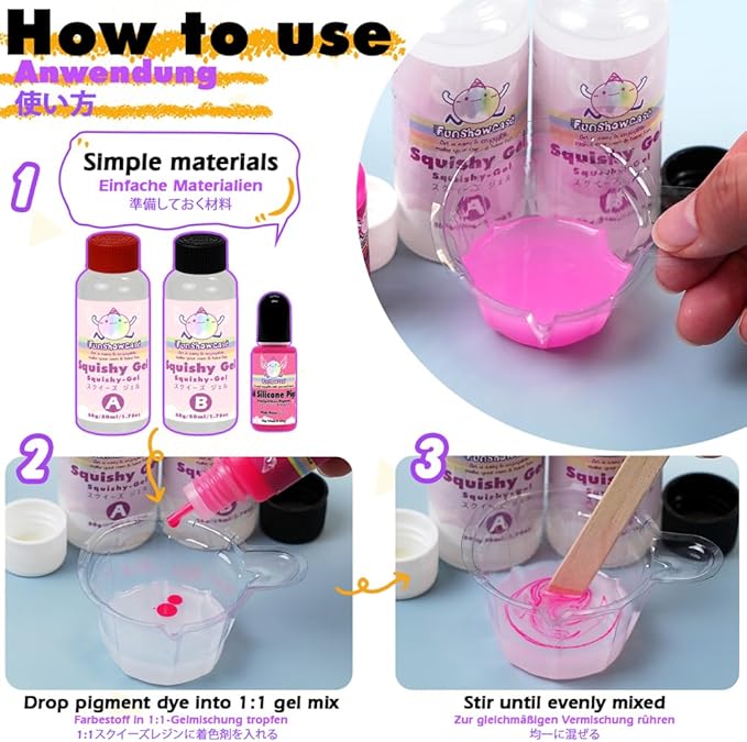 Taba Squishy Kit Set Liquid Gel+3" Paw Mold+Flocking+ Silicone Pigment Dye 20 Colors