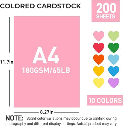 3 otters 200Sheets Construction Paper, Cardstock 8.27" x 11.7", 10 Assorted Colors Card Stock Printer Paper 65lb/180GSM, for Printing, DIY Crafts, Classroom Must Haves, Kids School Supplies, Party Dec