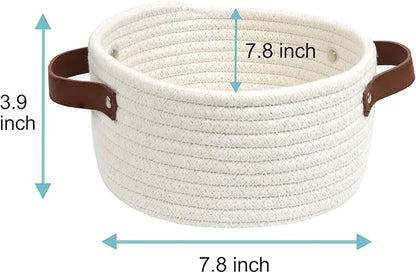Small Woven Basket, Cute Mini Cotton Rope Storage Basket with leather handle, Tiny Decorative Round Storage Bin, Boho Empty Gift Baskets for Organizing, Toy Organizer for Nursery (Narrow handle)