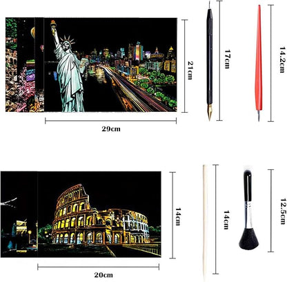 Georgie Porgy Scratch Paper Art A4 Set for Kids Adults Magic Rainbow Scratch Postcards Boards for DIY Arts and Crafts Kits Christmas Birthday Gift with Scratching Tools Kit (Europe+USA)