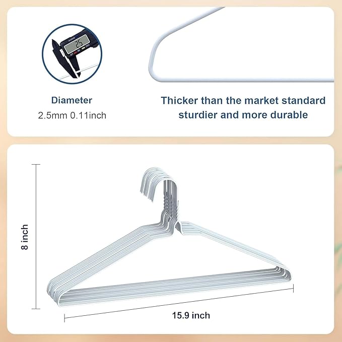 Wire Metal Clothes Hangers Bulk 50 Pack for Standard Size Suits, Coats, Shirts, Pants, Skirts, Space Saving, Non Slip,16 Inch 12 Gauge Ultra Thin, White