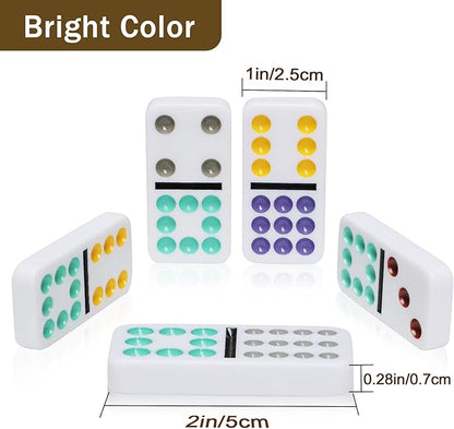 Mexican Train Dominoes Set with 4 Wooden Trays/Racks, Double 12 Dominos Travel Set with 4 Domino Tiles Holders, 91 Tiles Double 12 Colored Dominoes Game Set with Portable Case for Families Kids