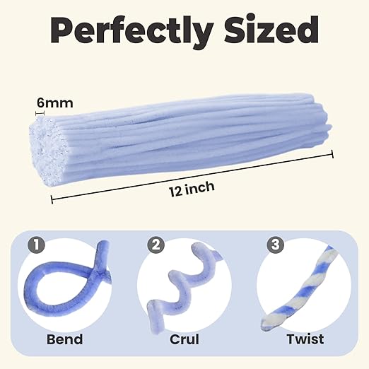 Glacier Blue Pipe Cleaner Set, 300 Thick Chenille Stems for Crafts – Perfect for Animals, Flowers & Festive Decorations, 12" x 0.24"