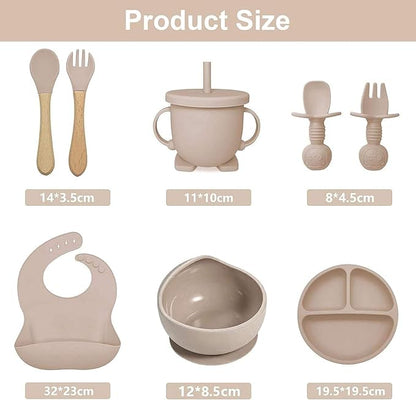 Baby Feeding Tableware Set Silicone Tray and Bowl with Suction Cup Baby Weaning Supplies Adjustable Waterproof Bib Learning Cup and 2 Spoons 2 Forks 8-Piece Set（Apricot）