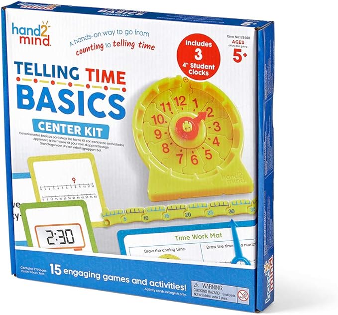 hand2mind Telling Time Basics Center Kit, NumberLine Learn to Tell Time Activity Set, Telling Time Teaching Clock Activities, Analog Classroom Clock for Kids, Math Manipulatives for Elementary School