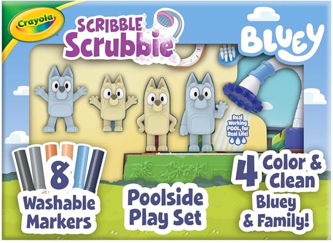 Crayola Scribble Scrubbies Bluey Poolside Playset (4ct), Washable Bluey Toy Set for Kids, Essential Easter Basket Stuffers for Toddlers, Gifts for Girls & Boys, Ages 3+