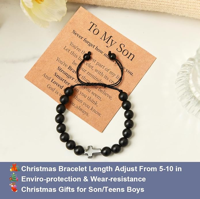 Lamyba Easter Gifts for Kids/Teens/Girls, Christian Natural Stone Beaded Bracelets, Easter Basket Stuffers Essentials, Adjustable Cross Bracelets, Blue/Black
