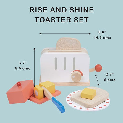 Mentari Toys - Rise & Shine Toaster Set - 10pc Wooden Toaster Toy with Pretend Play Food Accessories - Kids Role Play Kitchen/Cafe Toy - Improves Motor Skills - Sparks Creativity - Age 3+