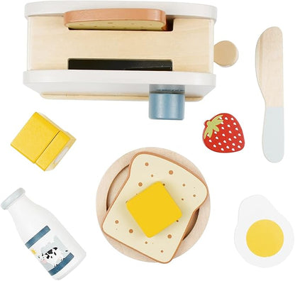 PairPear Pop up Toaster Play Kitchen Playset - Wooden Toy Food 11 Accessories for Kids