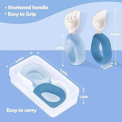 Baby Self Feeding Training Spoon and Fork Set with Travel Case, BPA-Free Cute Circle Toddler Training Utensils, Silicone/ABS Great Tableware Set Spoons Fork for Kids(Blue & Light blue)