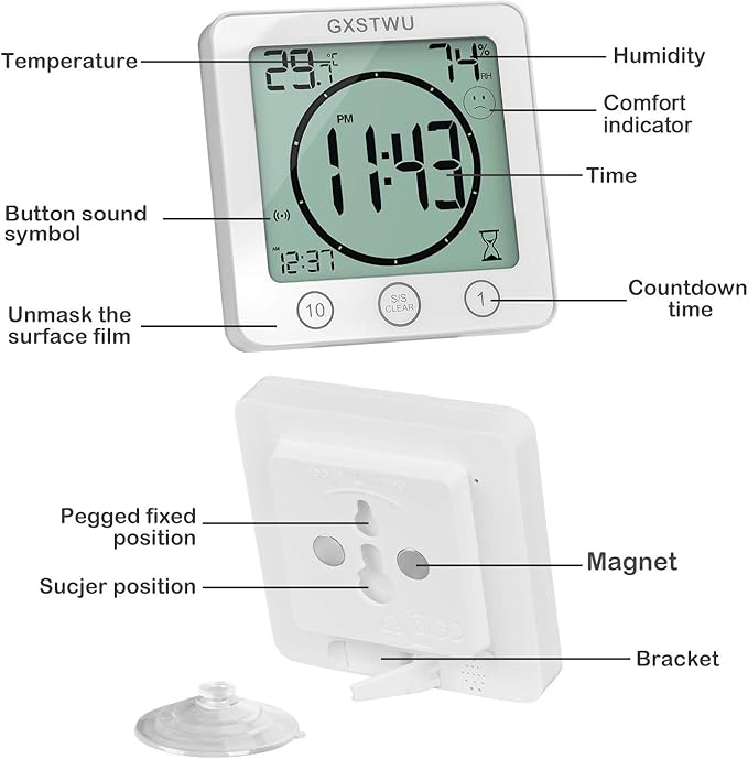 Digital Shower Clock, Bathroom Timer Clock, Waterproof for Water Spray, Count Up Count Down Alarm, Touch Screen Timer, Temperature Humidity, Wall Clock Magnet, Suction Cup, Hang, Stand (1pack)