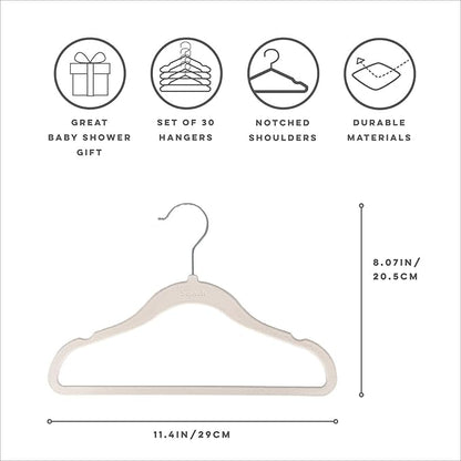 3 Sprouts Velvet Baby Hangers - Non-Slip Hanger for Infant, Toddler, Baby Clothes - Closet Kids Hangers with Slim Design, Nordic Colors, Pack of 30 - Cream