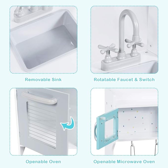 ARLIME Kids Kitchen Playset, Wooden Toy Toddler Kitchen w/ Simulated Sound, Accessory Utensils, Blackboard, Sink, Stovetop, Cabinets, Pretend Play Kitchen for Boys Girls