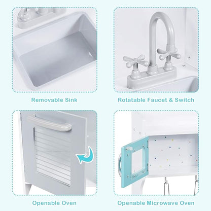 HONEY JOY Kids Kitchen Playset, Toddlers Wooden Play Kitchen Set w/Microwave, Sink, Stove & Oven, Cookware Utensils, Large Storage Shelf, Little Chef Pretend Play Toy Kitchen Set for Boy Girl Age 3+