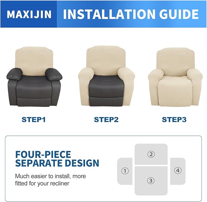 MAXIJIN Recliner Cover Slipcovers for Living Room 4 Pieces Stretch Jacquard Recliner Chair Cover Soft Fitted Recliner Protector with Elastic Bottom for Kids, Pets (Recliner, Light Beige)