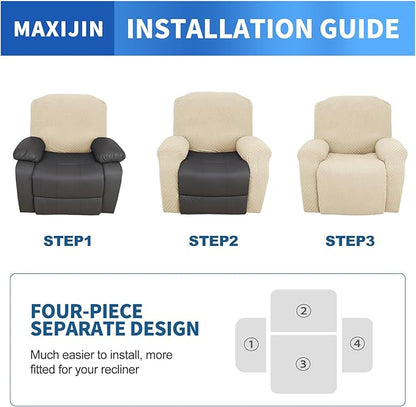 MAXIJIN Recliner Cover Slipcovers for Living Room 4 Pieces Stretch Jacquard Recliner Chair Cover Soft Fitted Recliner Protector with Elastic Bottom for Kids, Pets (Recliner, Light Beige)