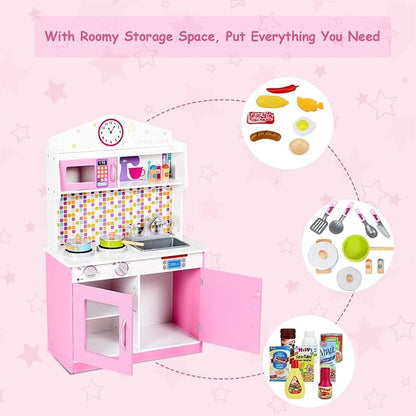 ARLIME Kids Kitchen Playset, Wooden Toy Kitchen w/ Removable Sink, Microwave, Cookware, Large Storage Cabinet, Pretend Play Kitchen for Boys Girls (Pink)