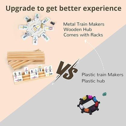 Mexican Train Dominoes Set with Numbers Double 12, Includes 8 Tiles Racks & 9 Metal Trains & Wooden Hub & 91 Colorful Dominoes Tiles with Portable Case for Adults, Travel, Family Game Nighty