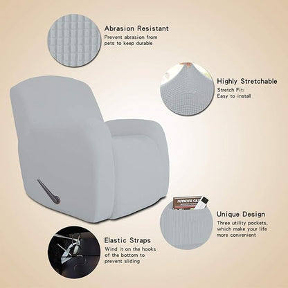 Easy-Going Oversized Recliner Stretch Sofa Slipcover Sofa Cover 1 Piece Furniture Protector Couch Soft with Elastic Bottom Kids,Polyester Spandex Jacquard Small Checks(Oversize Recliner,Silver Gray)