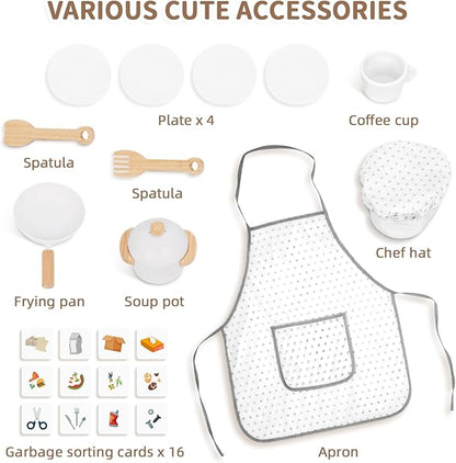 Kids Kitchen Playset with Garbage Classification, Wooden Pretend Play Kitchen with Sound and Light, Kitchen Set for Kids Equipped with Blackboard, Worldmap ect., Gift for Boys and Girls Aged 3+