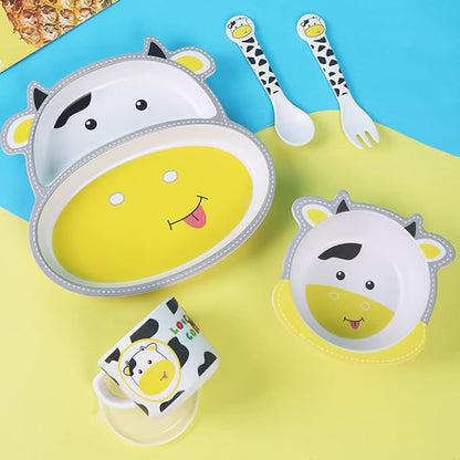 Bamboo Kids Dinnerware Set 5 Pcs Includes Plate Bowl Cup Fork Spoon Perfect for Kids BPA-Free (Cute Cow)