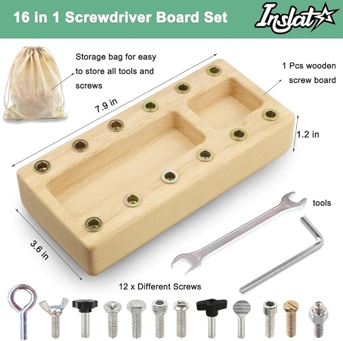 Inslat Montessori Screwdriver Board Set, Wooden Montessori Toy Tool for 3 4 5 Year Old Kids, Educational Screw Board Sensory Learning Toys STEM Fine Motor Skills Toys