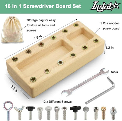 Inslat Montessori Screwdriver Board Set, Wooden Montessori Toy Tool for 3 4 5 Year Old Kids, Educational Screw Board Sensory Learning Toys STEM Fine Motor Skills Toys