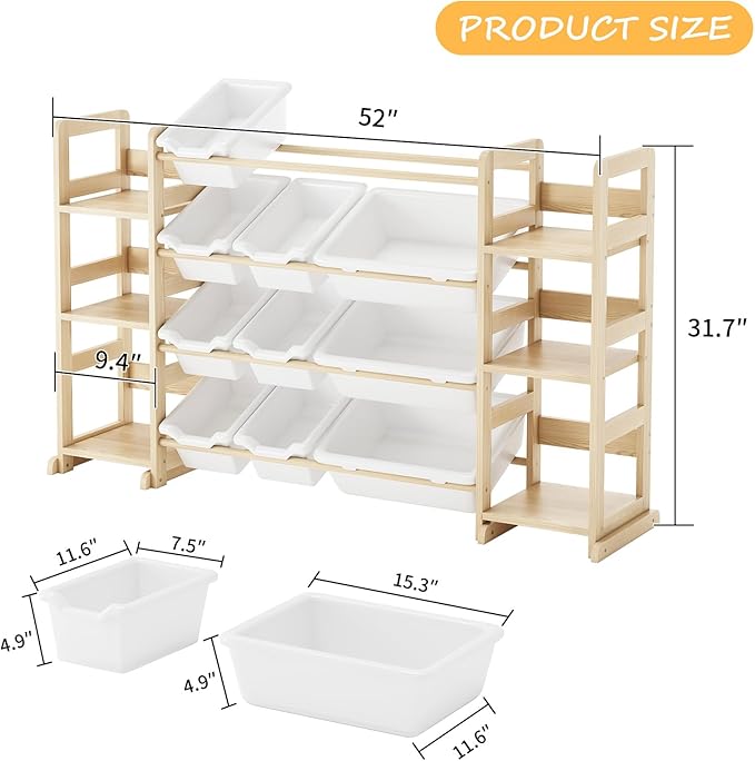 EXPERLAM Extra Large Toy Storage - Toy Storage Organizer, Wooden Toy Organizer with 6 Side Shelves and 12 Bins, 3-in-1 Bookshelf for Kids Rooms, Playroom, Nursery, Multi Color
