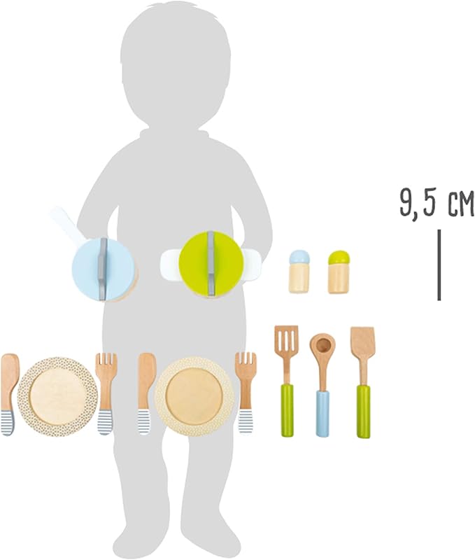 small foot wooden toys- Premium 15 Piece Kitchen Playset- Cooking and Dining Set Includes Pots, Plates and Utensils- Ideal for Toddlers 2+, Multi, (11098)