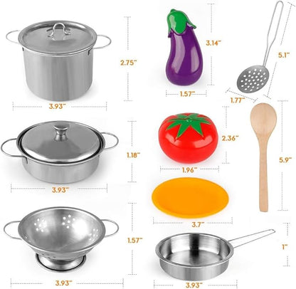 D-FantiX Play Kitchen Accessories, Kids Play Pots and Pans Playset with Mini Stainless Steel Pretend Play Cooking Toys, Cookware Utensils, Apron and Chef Hat, Cutting Food for Toddler Boys Girls