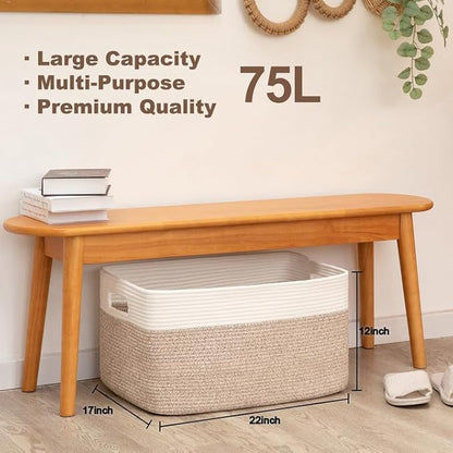 75L Large Cotton Rope Basket, Soft Toy Storage Bin for Nursery & Living Room, Decorative Blanket Basket for Bedroom, Baby-Safe Organizer for Pillows &Laundry, 22''×17''×12'', Brown and White