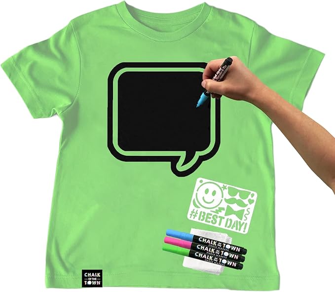 Green Speech Bubble Chalkboard Short Sleeve T-Shirt Kit for Kids with 3 Markers and 1 Stencil (Youth Medium)