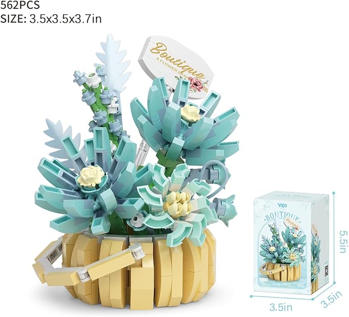 Flowers Succulents 3.6In Building Toy Set, 562 Pcs Botanical Collection for Office Home Decoration Flower Plant Building Blocks Toy, As a Adults, Kids, Girls Idea Gifts