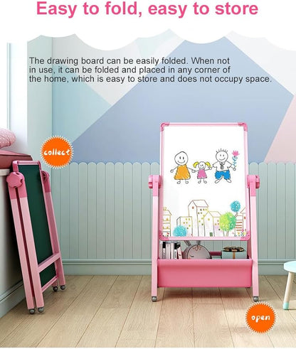 Harmoniousplay Kids Double Sided Easel Double Sided Magnetic Whiteboard and Chalkboard Adjustable Height Art Easel Ages 2 and Up (Pink)