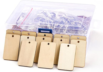 QMTSINEW 100Pcs Blank Rectangle-Shaped Wooden Keychain Set,Unfinished Wood Pieces with Key Rings and Hemp Rope,Personalized Wood Keychain,Key Tags DIY Keychain Supplies for Holiday Craft Projects, Han