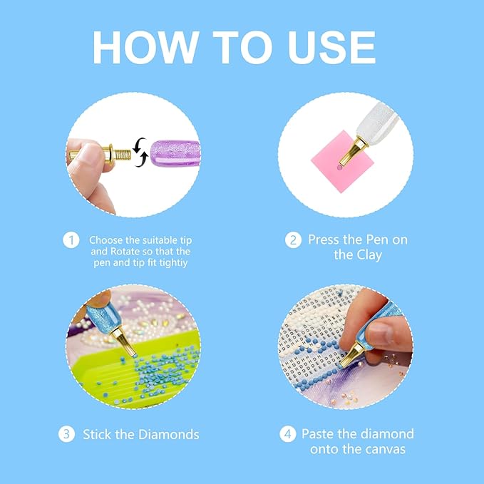 MuitoFeliz 24PCS DIY Diamond Art Pen Painting Tool Set - Metal Threaded Tip Accessories Gem Resin Dotting Pen Supplies Kit (Three Pen + 12 Tips + 9 Dotting Clay)